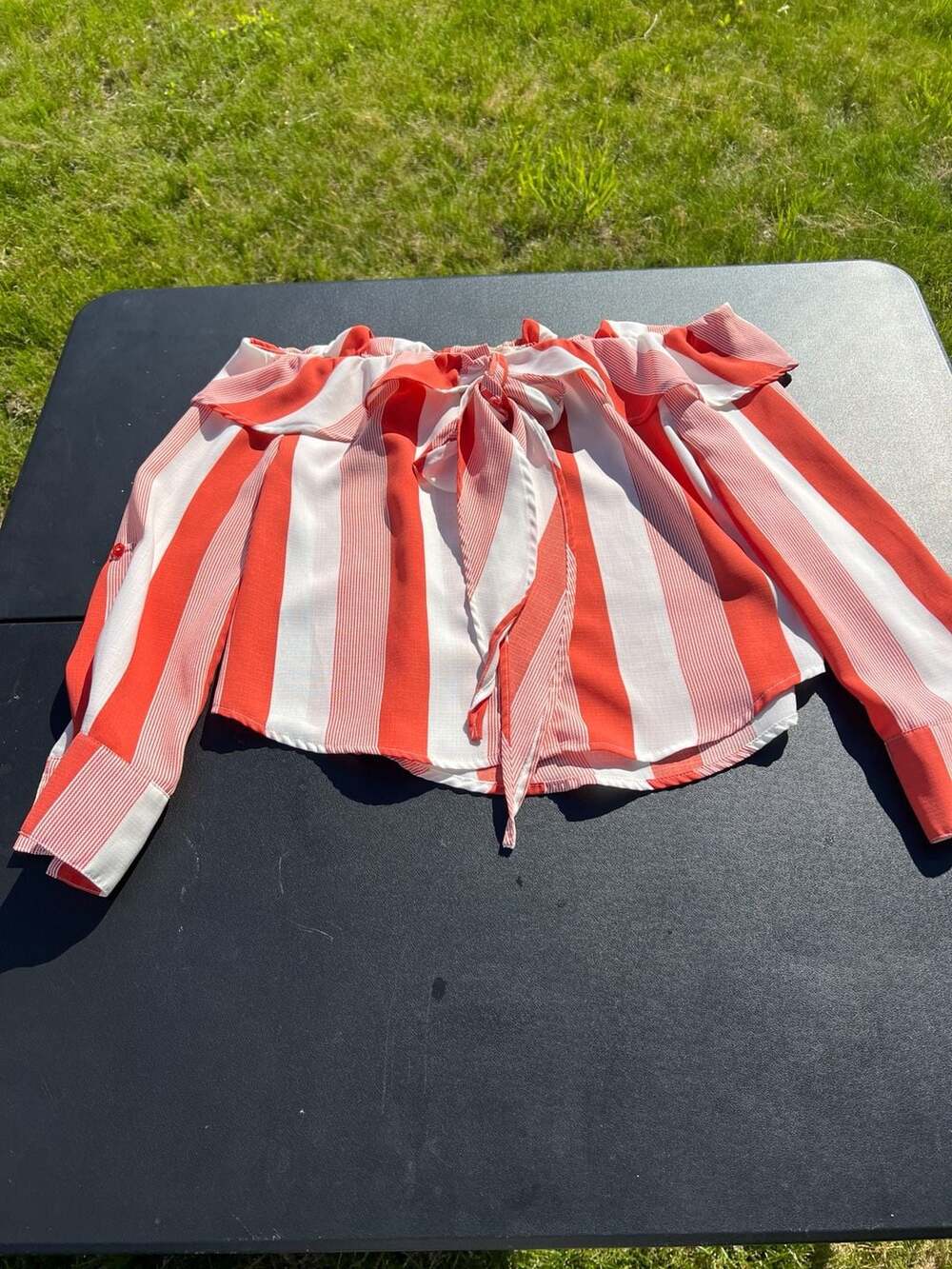 Sweet Wanderer Red and White Striped Off-the-Shoulder Tie Front Top Size S